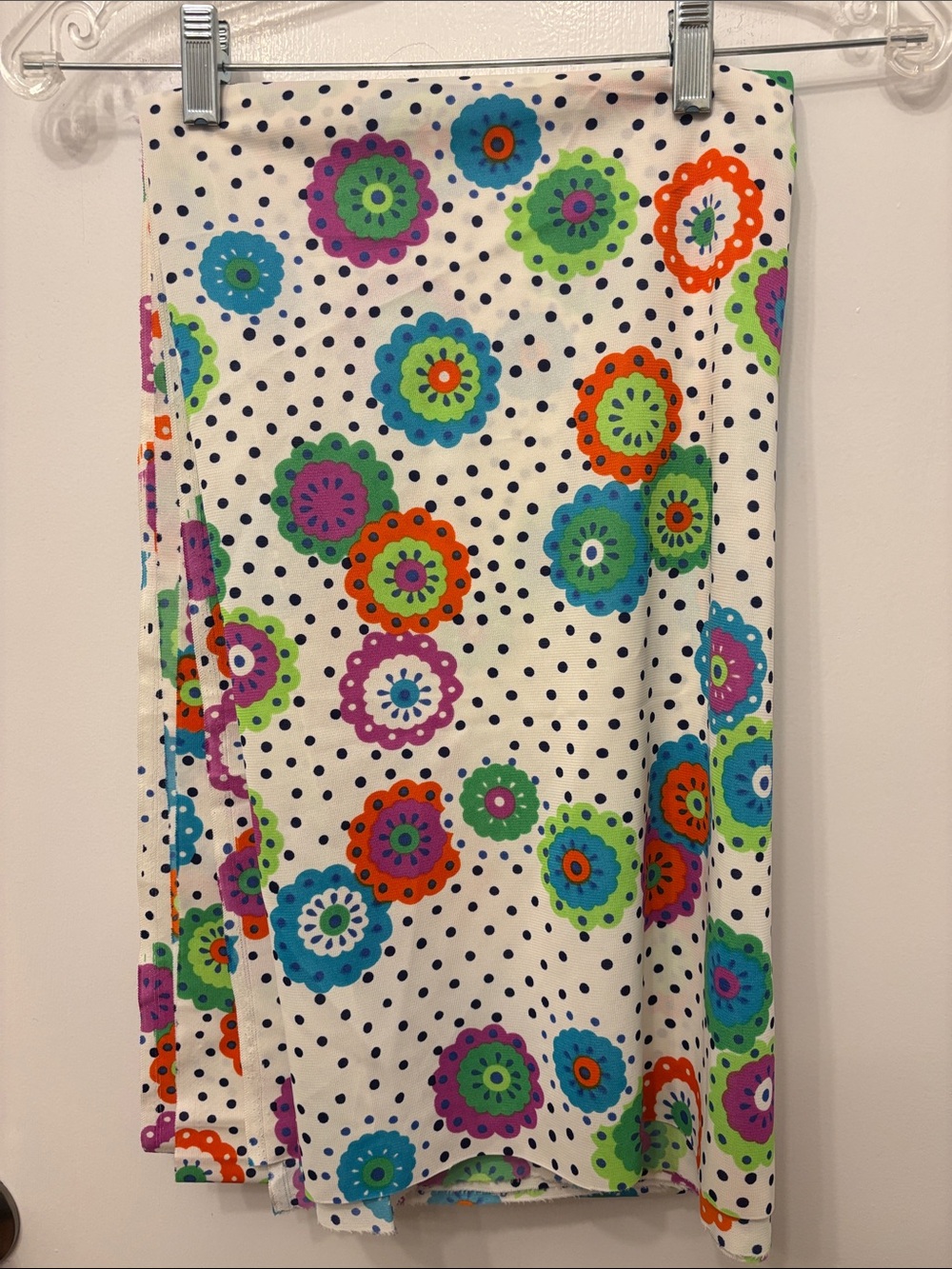 Vintage White w/ Multicolor Floral and Black Polka Dots Fabric - 88 x 47 inches